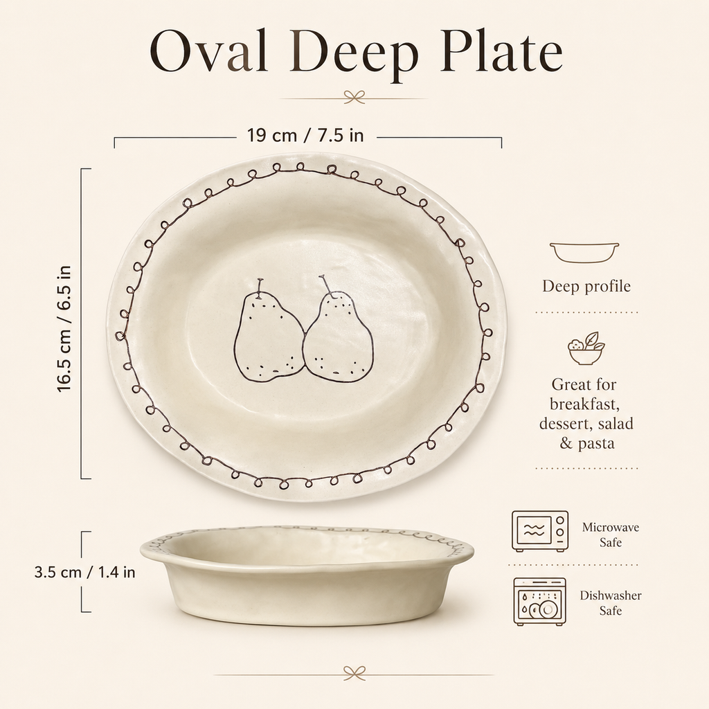 Pear ceramic oval plate shown with 19 by 16.5 cm size, 3.5 cm depth, and care details