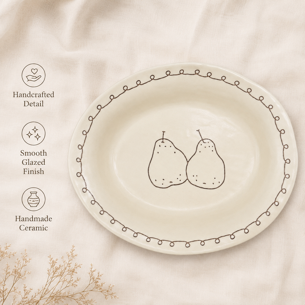 Close-up of handmade pear ceramic plate with minimalist line art and smooth cream glaze