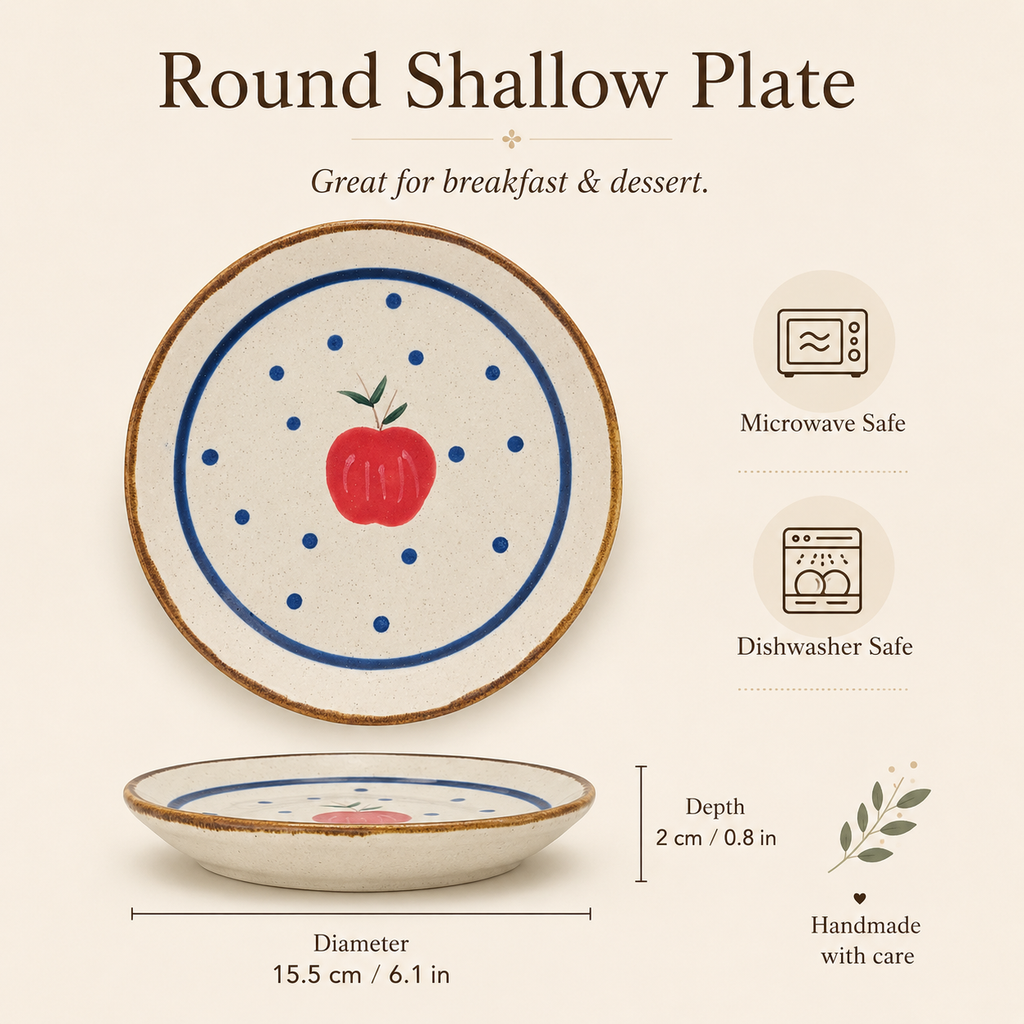 Apple ceramic plate shown with 15.5 cm diameter, 2 cm depth, and care details