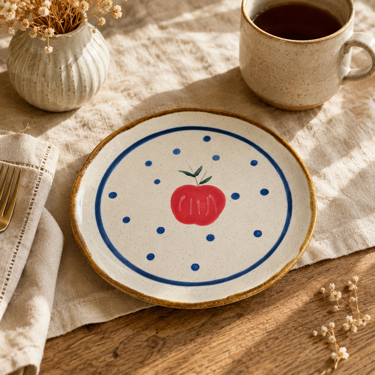 Apple ceramic dessert plate displayed beside a cup in a warm breakfast setting