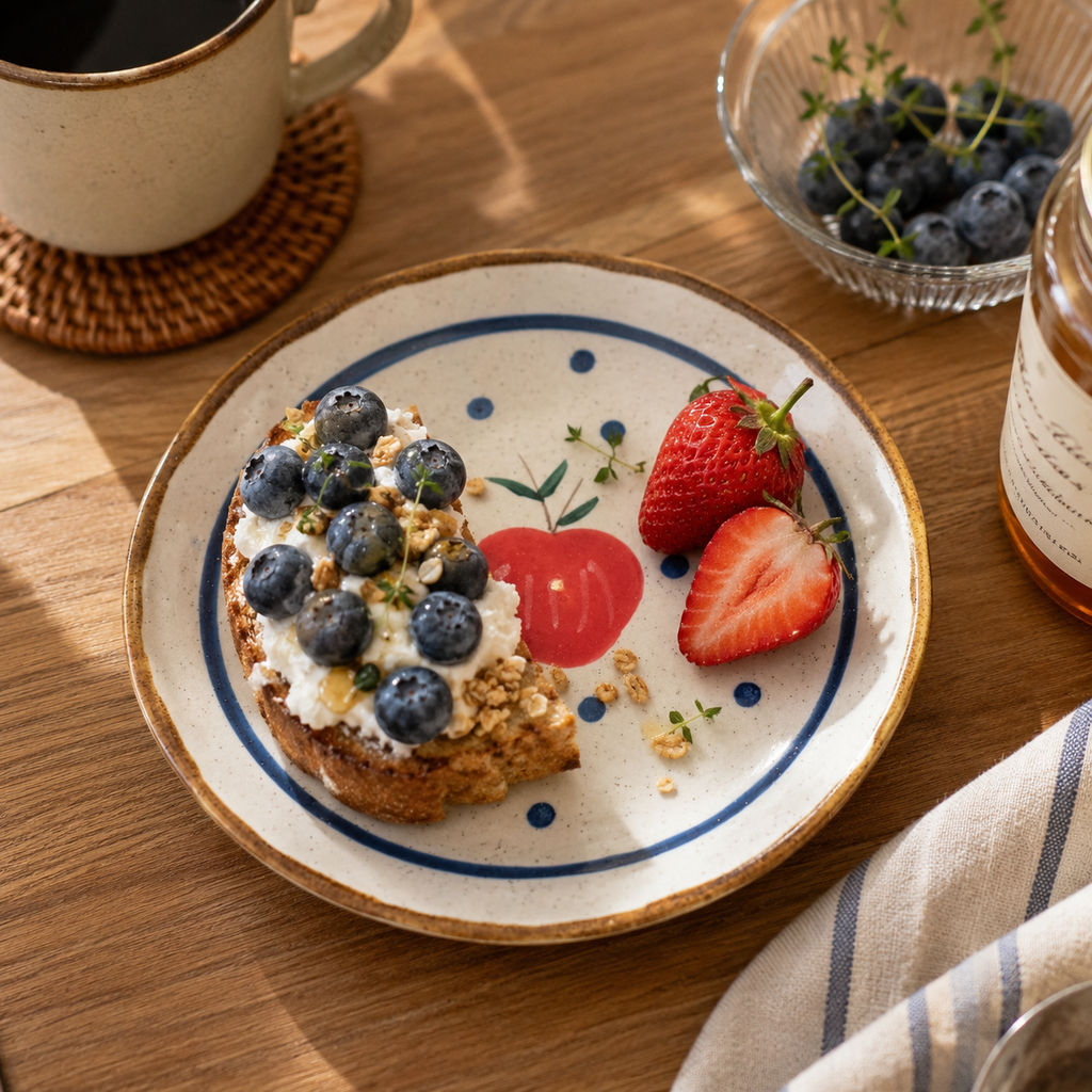 Apple ceramic plate served with blueberry toast, strawberries, and granola