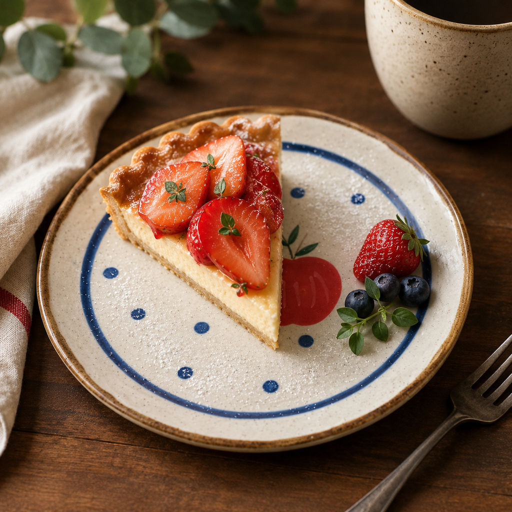 Apple ceramic dessert plate served with strawberry tart, berries, and powdered sugar
