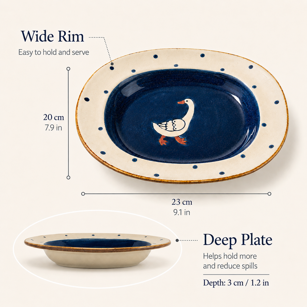 Goose ceramic oval plate shown with 23 by 20 cm size, 3 cm depth, and wide rim
