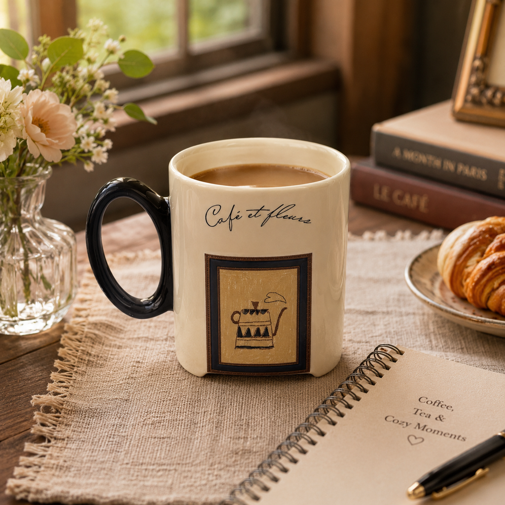 Café et Fleurs Ceramic Mug | 13.5 oz Double-Sided Coffee Mug