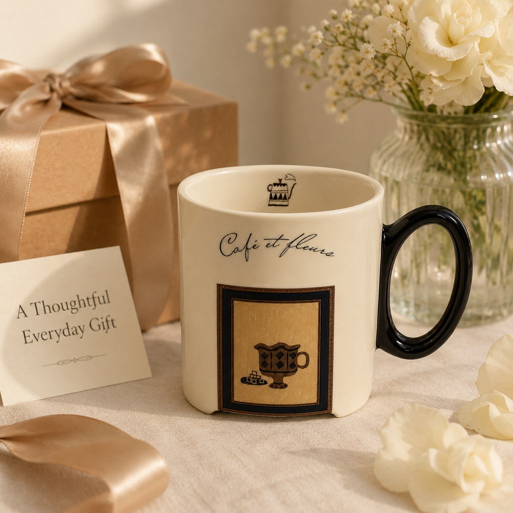 Café et Fleurs Ceramic Mug | 13.5 oz Double-Sided Coffee Mug