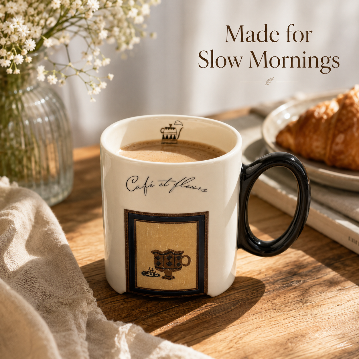 Café et Fleurs Ceramic Mug | 13.5 oz Double-Sided Coffee Mug