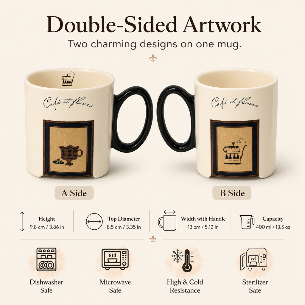 Café et Fleurs Ceramic Mug | 13.5 oz Double-Sided Coffee Mug