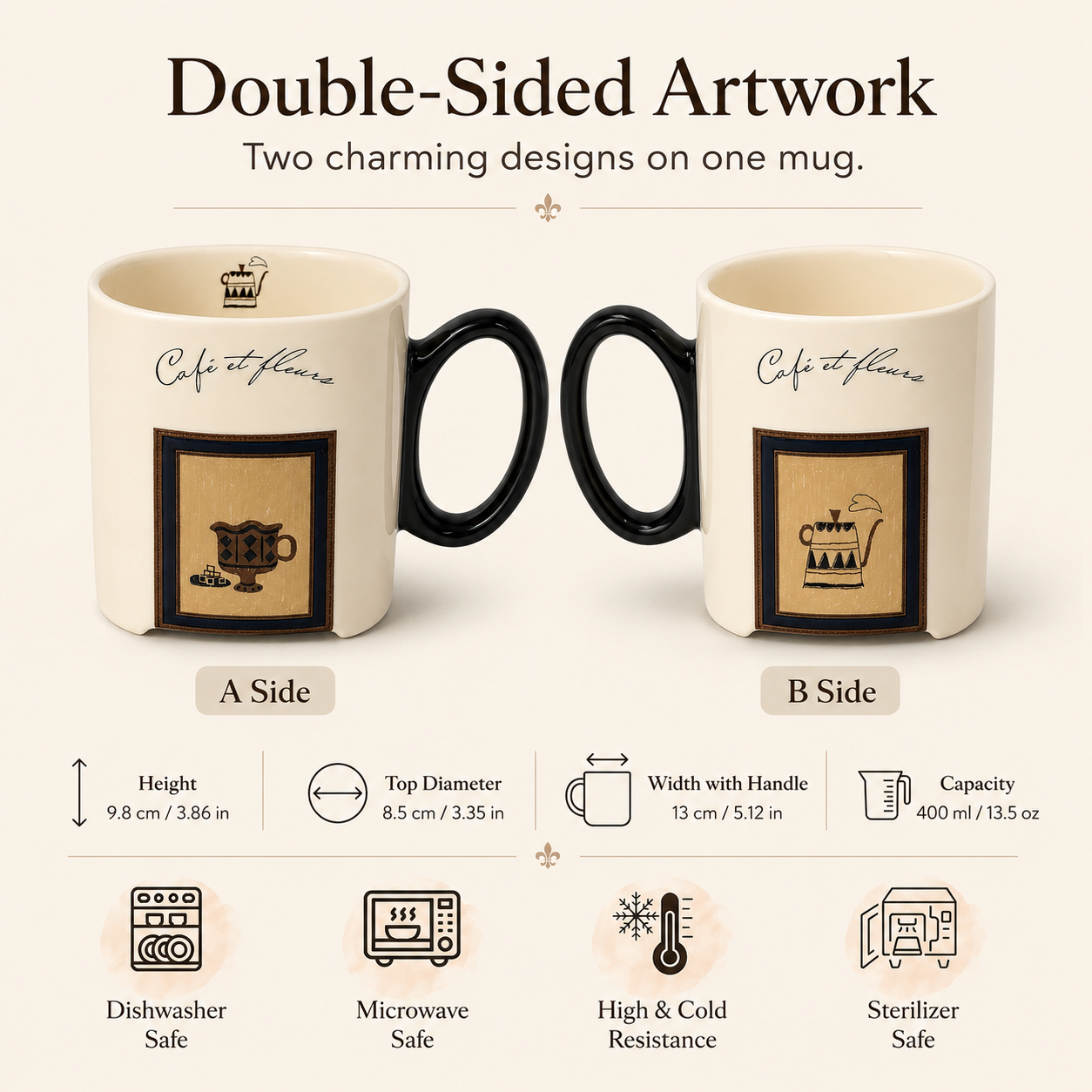 Café et Fleurs Ceramic Mug | 13.5 oz Double-Sided Coffee Mug