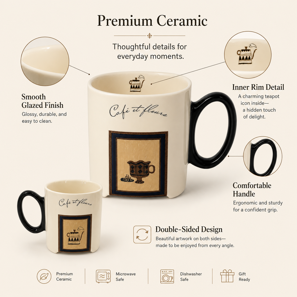 Café et Fleurs Ceramic Mug | 13.5 oz Double-Sided Coffee Mug