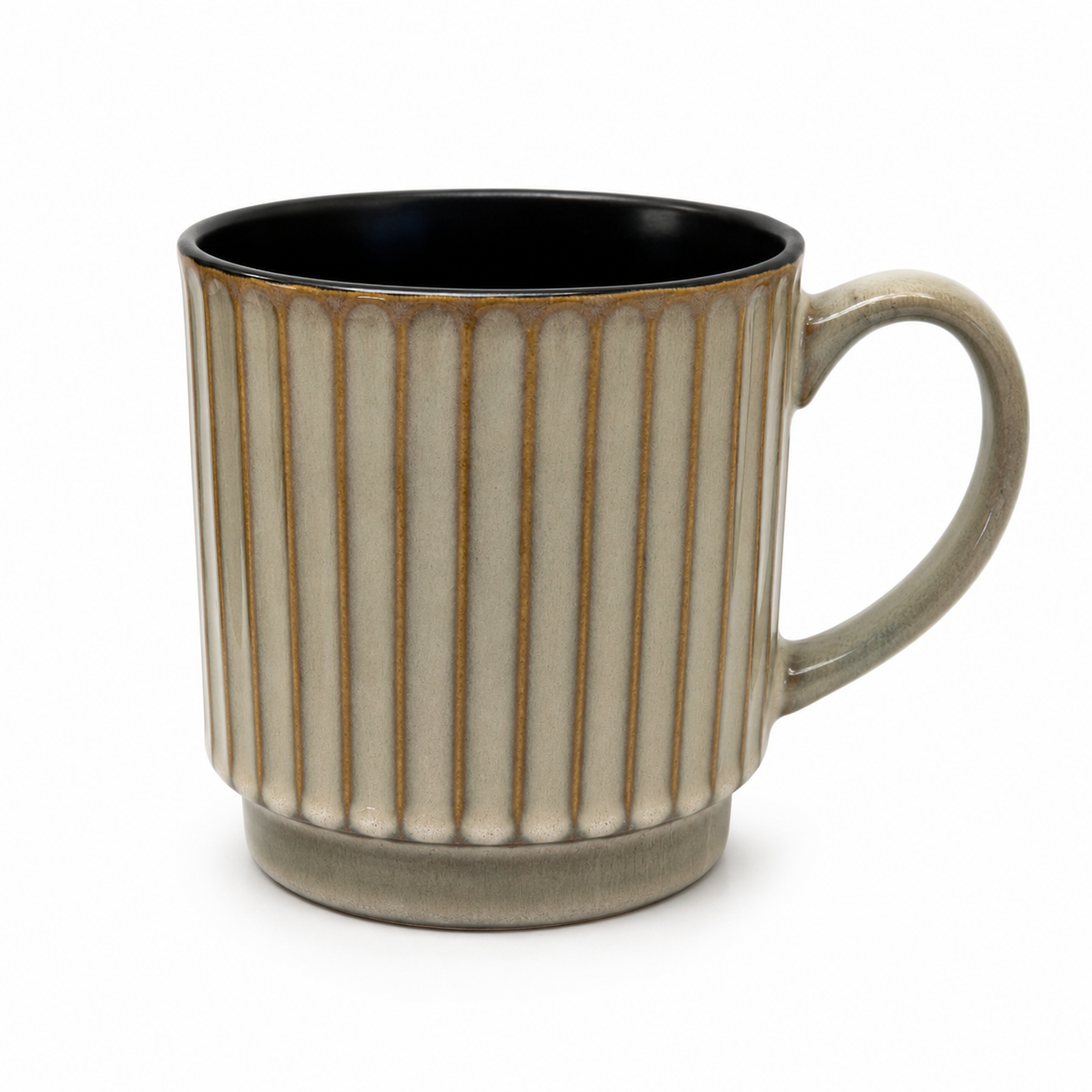 22 oz ribbed ceramic mug with black interior and neutral glaze