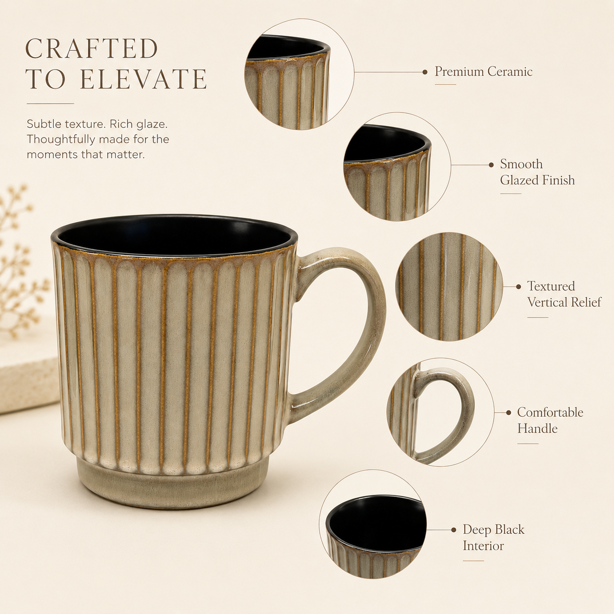 Ribbed ceramic mug with textured vertical design, black interior and curved handle