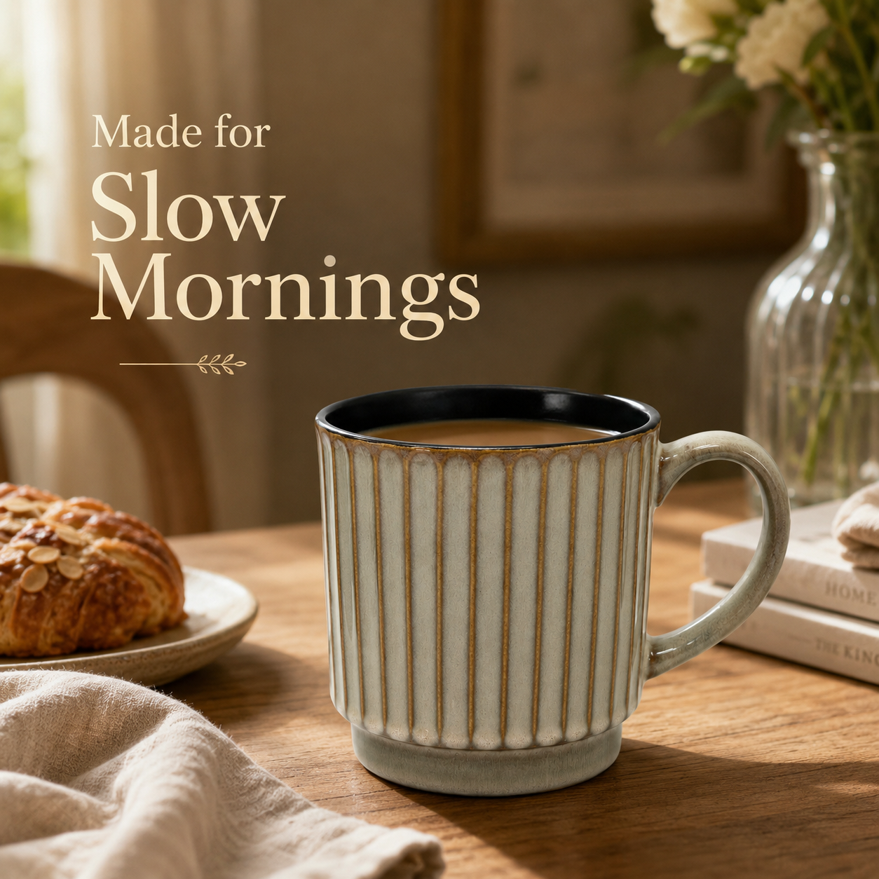Large ribbed ceramic coffee mug in a warm morning setting