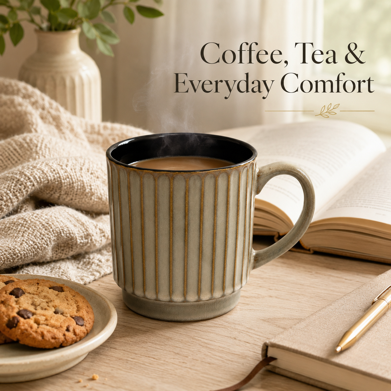 Ribbed ceramic mug for coffee, tea and everyday drinks