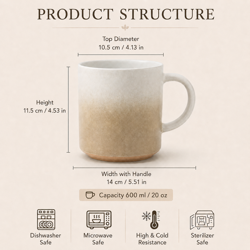 20 oz speckled ceramic mug with size and capacity details