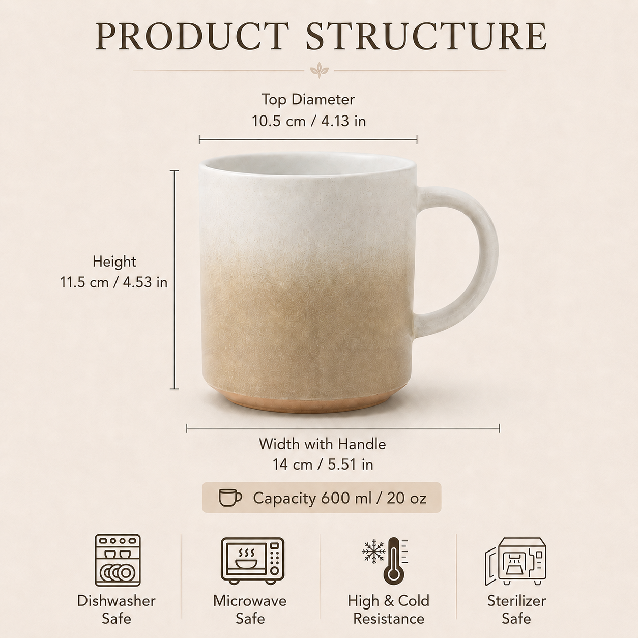 20 oz speckled ceramic mug with size and capacity details
