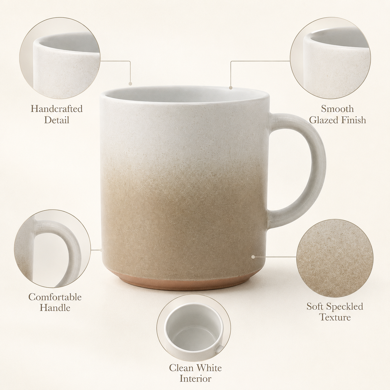 Ivory ceramic mug with speckled texture, white interior and rounded handle