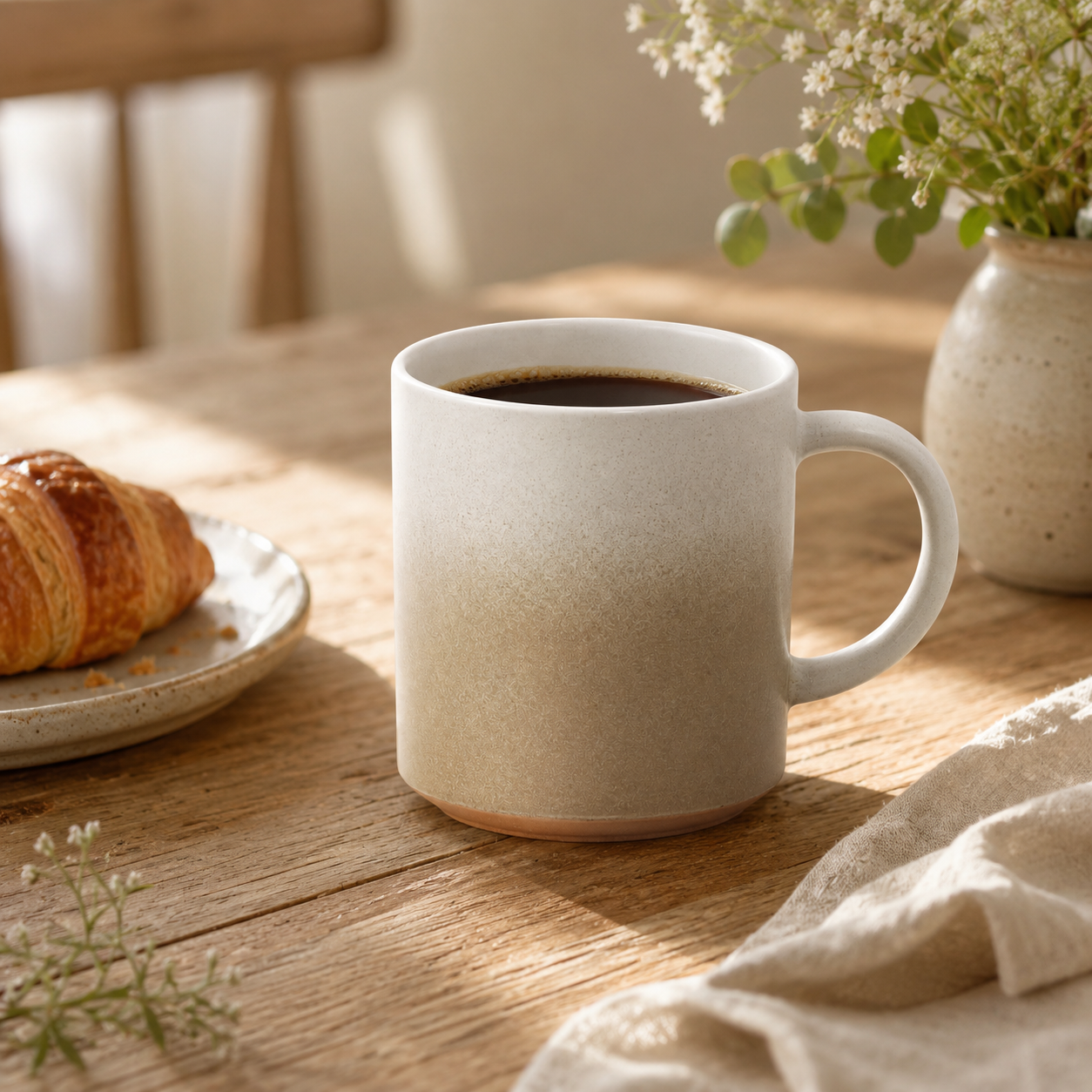 20 oz ivory speckled coffee mug on a warm wooden breakfast table