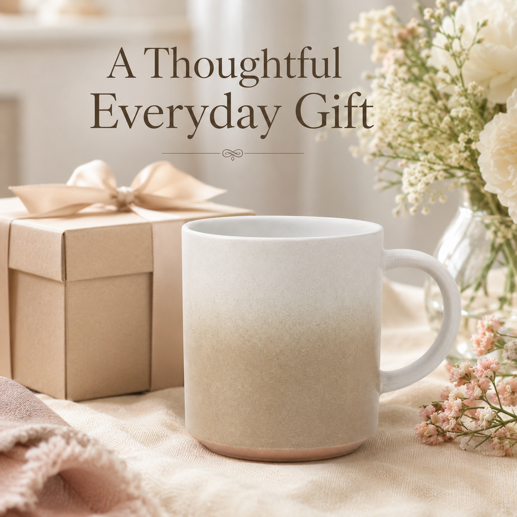 Neutral ivory ceramic mug styled as a thoughtful everyday gift