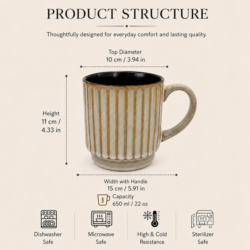 22 oz ribbed ceramic mug with size and capacity details