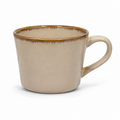 Beige ceramic mug with brown rim and large handle