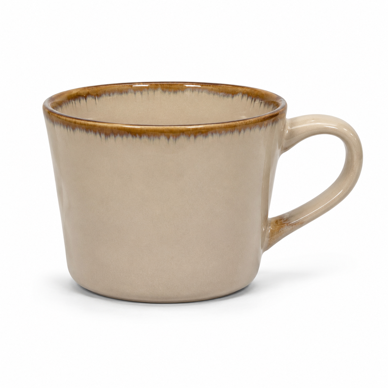Beige ceramic mug with brown rim and large handle