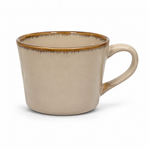Beige ceramic mug with brown rim and large handle