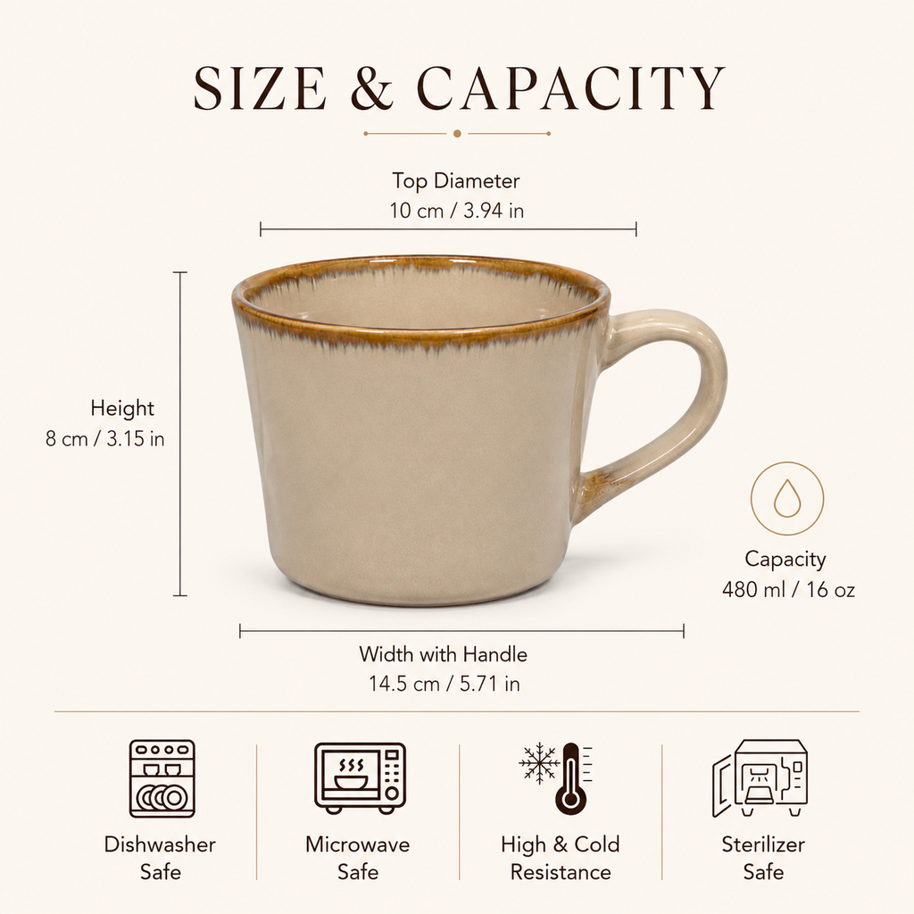 16 oz beige ceramic mug with size and capacity details