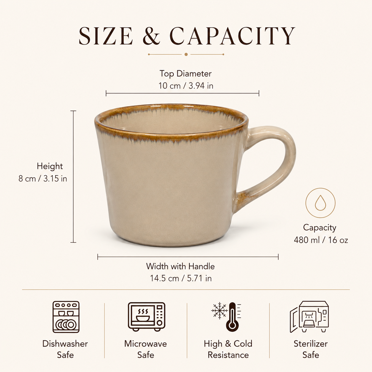 16 oz beige ceramic mug with size and capacity details