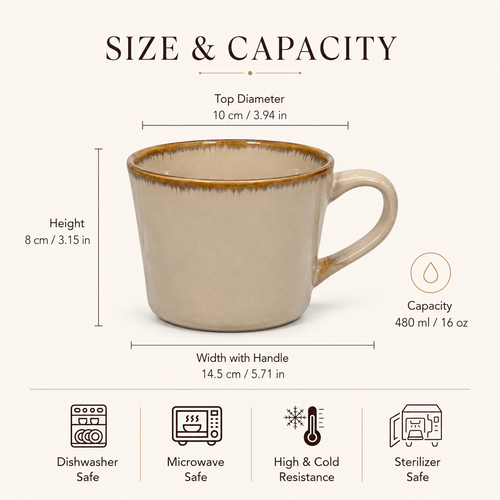16 oz beige ceramic mug with size and capacity details