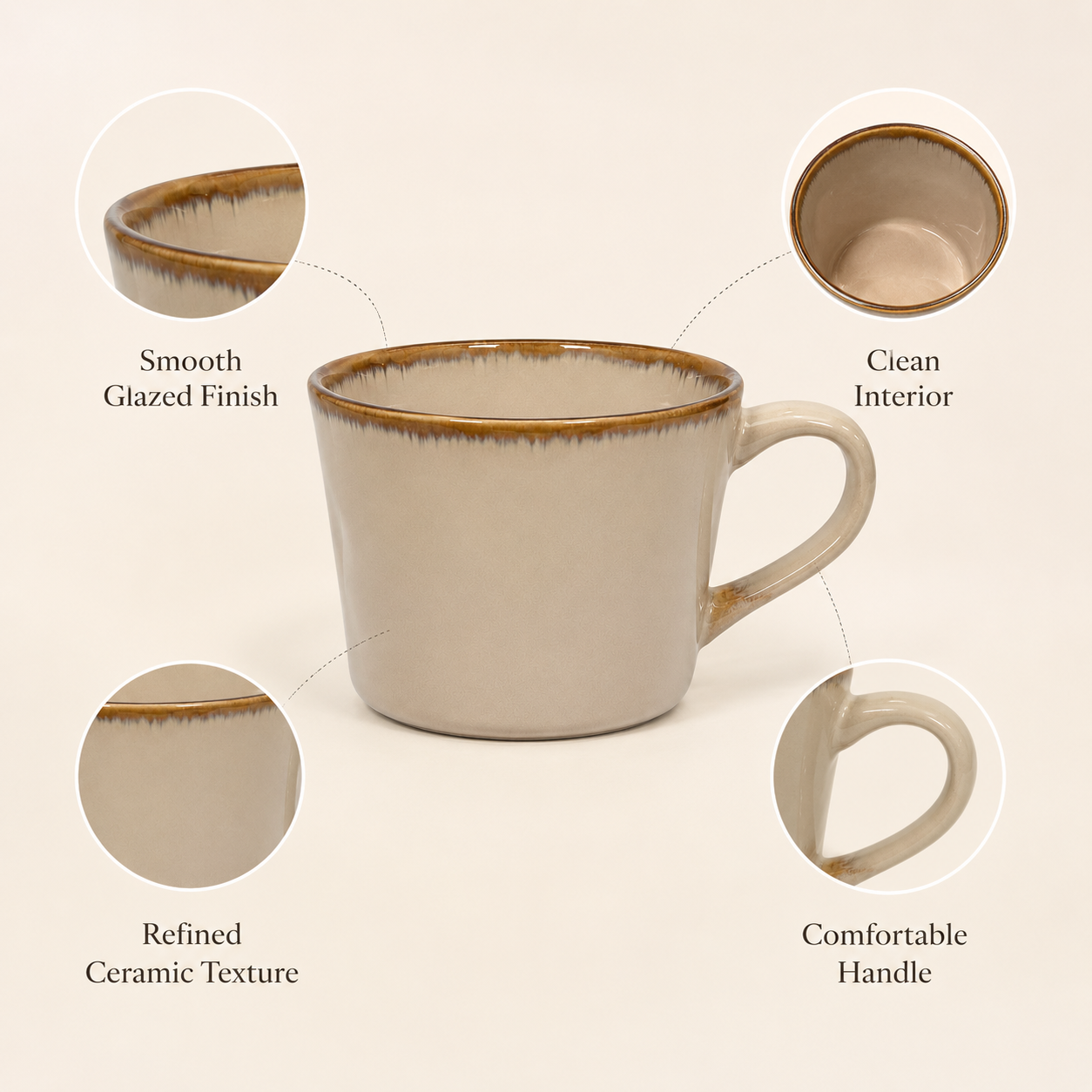 Close-up of beige ceramic mug showing smooth glaze, brown rim and comfortable handle