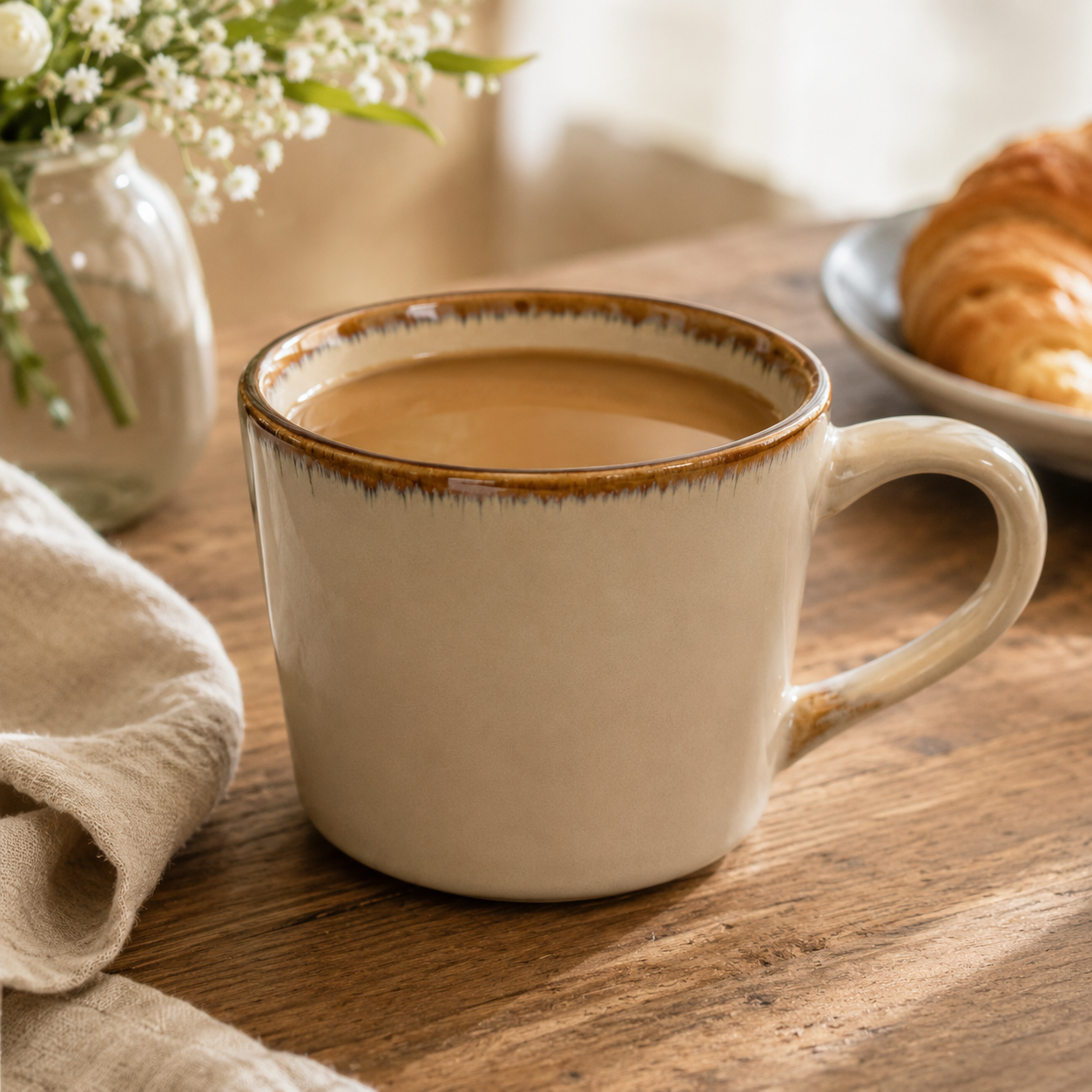 Beige ceramic coffee mug in a warm everyday breakfast setting
