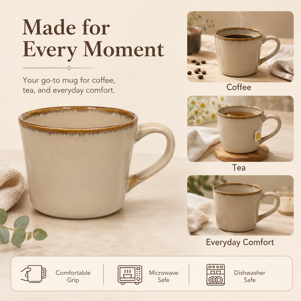 Beige ceramic mug for coffee, tea and everyday drinks