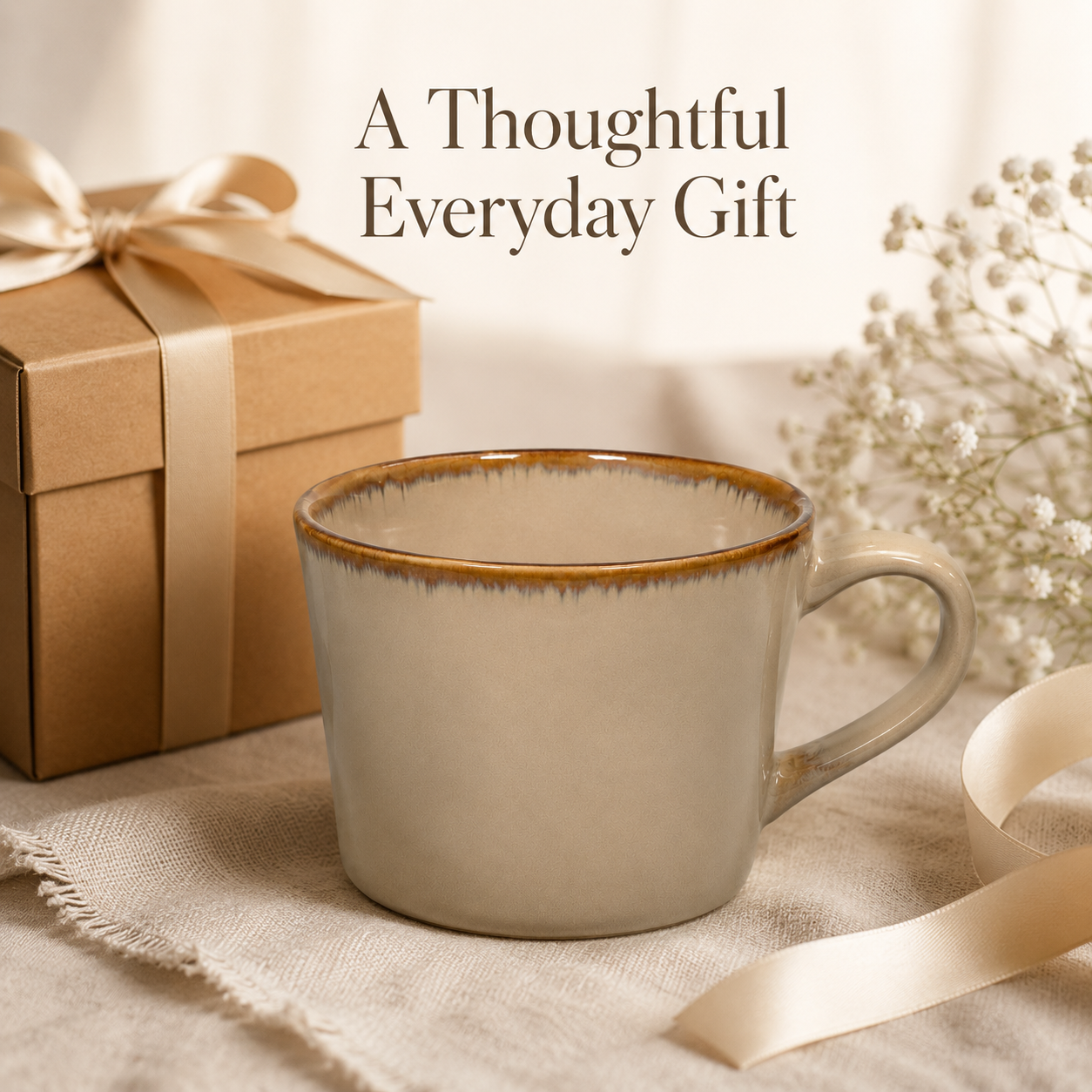 Beige ceramic mug styled as a thoughtful everyday gift