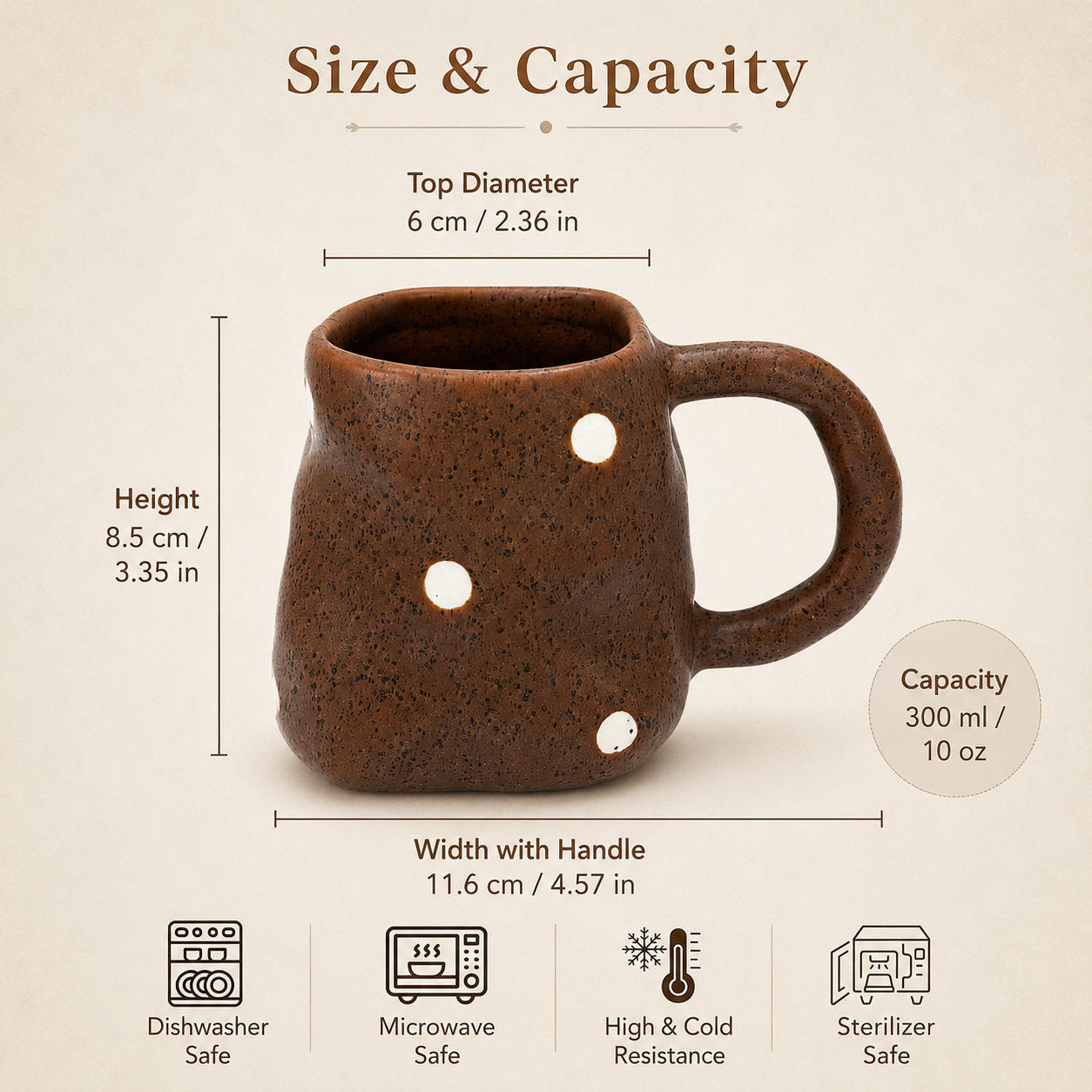 Handmade Brown Polka Dot Ceramic Mug | 10 oz Rustic Coffee Cup