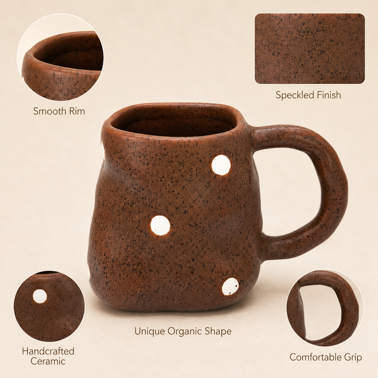 Handmade Brown Polka Dot Ceramic Mug | 10 oz Rustic Coffee Cup