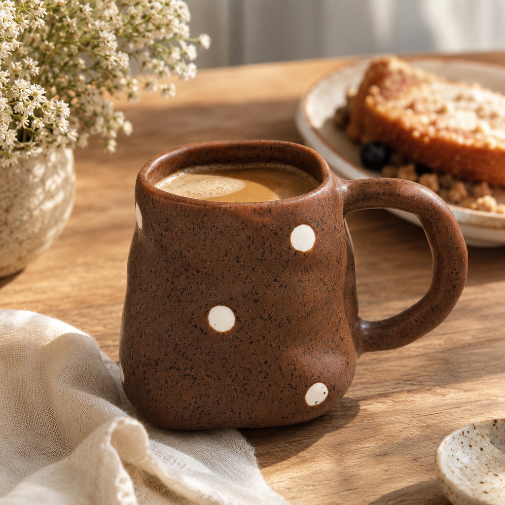 Handmade Brown Polka Dot Ceramic Mug | 10 oz Rustic Coffee Cup
