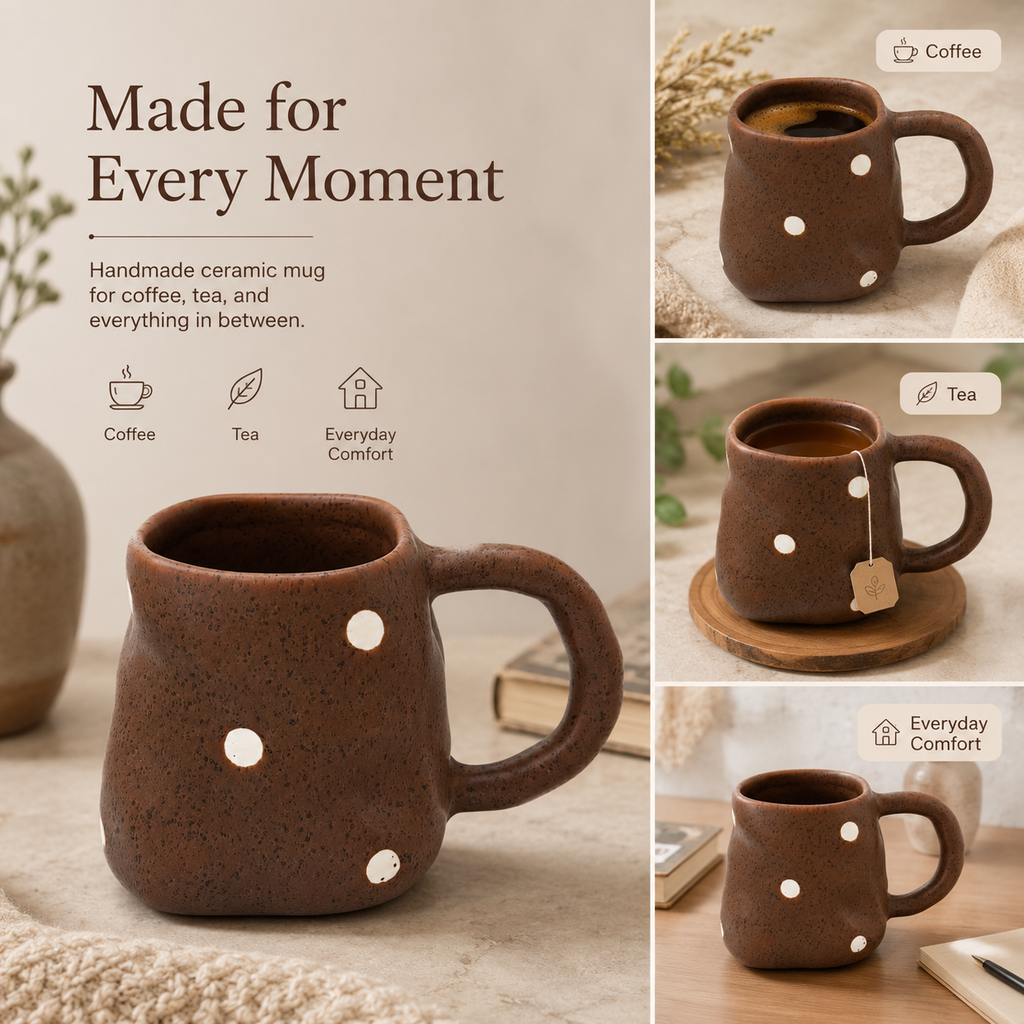 Handmade Brown Polka Dot Ceramic Mug | 10 oz Rustic Coffee Cup