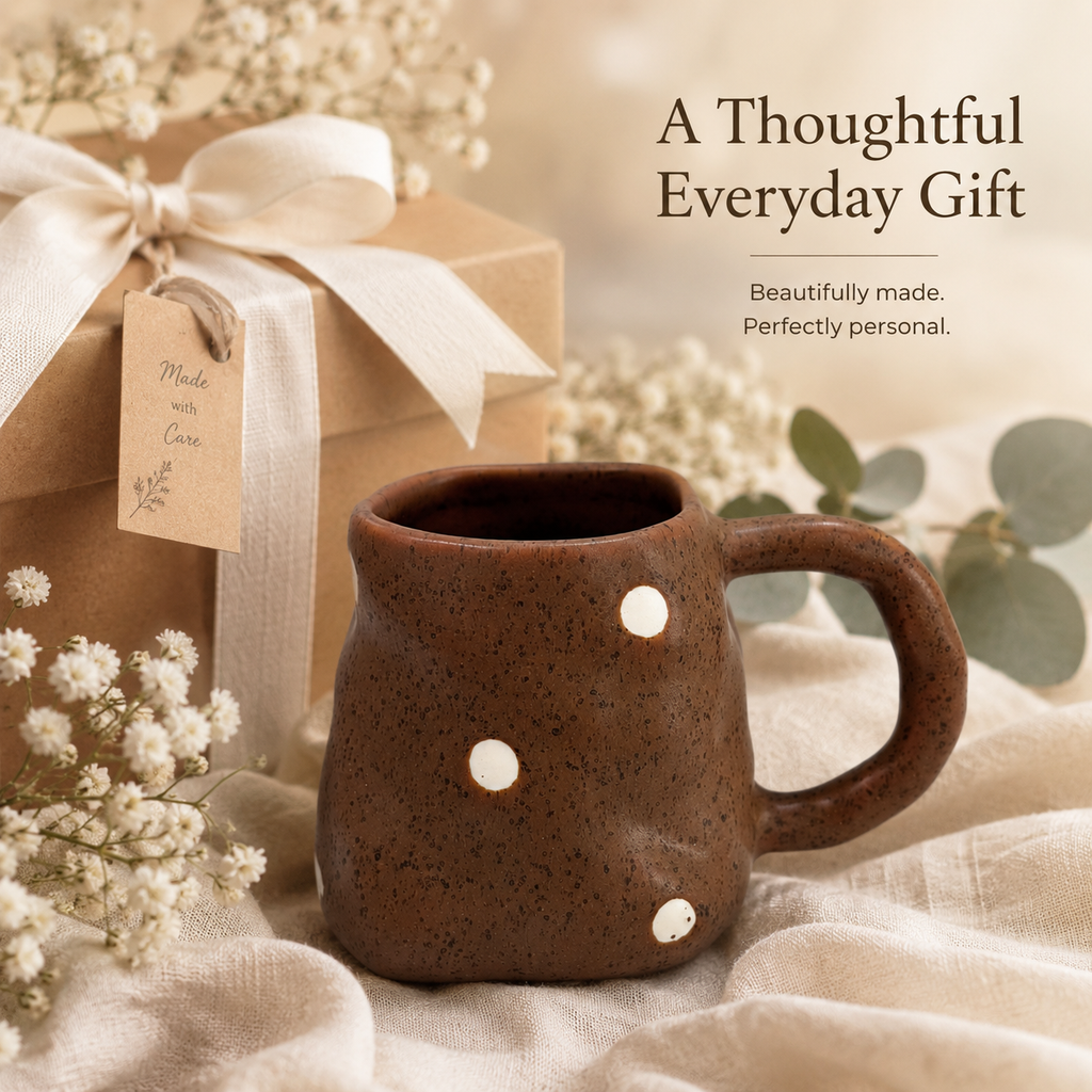 Handmade Brown Polka Dot Ceramic Mug | 10 oz Rustic Coffee Cup