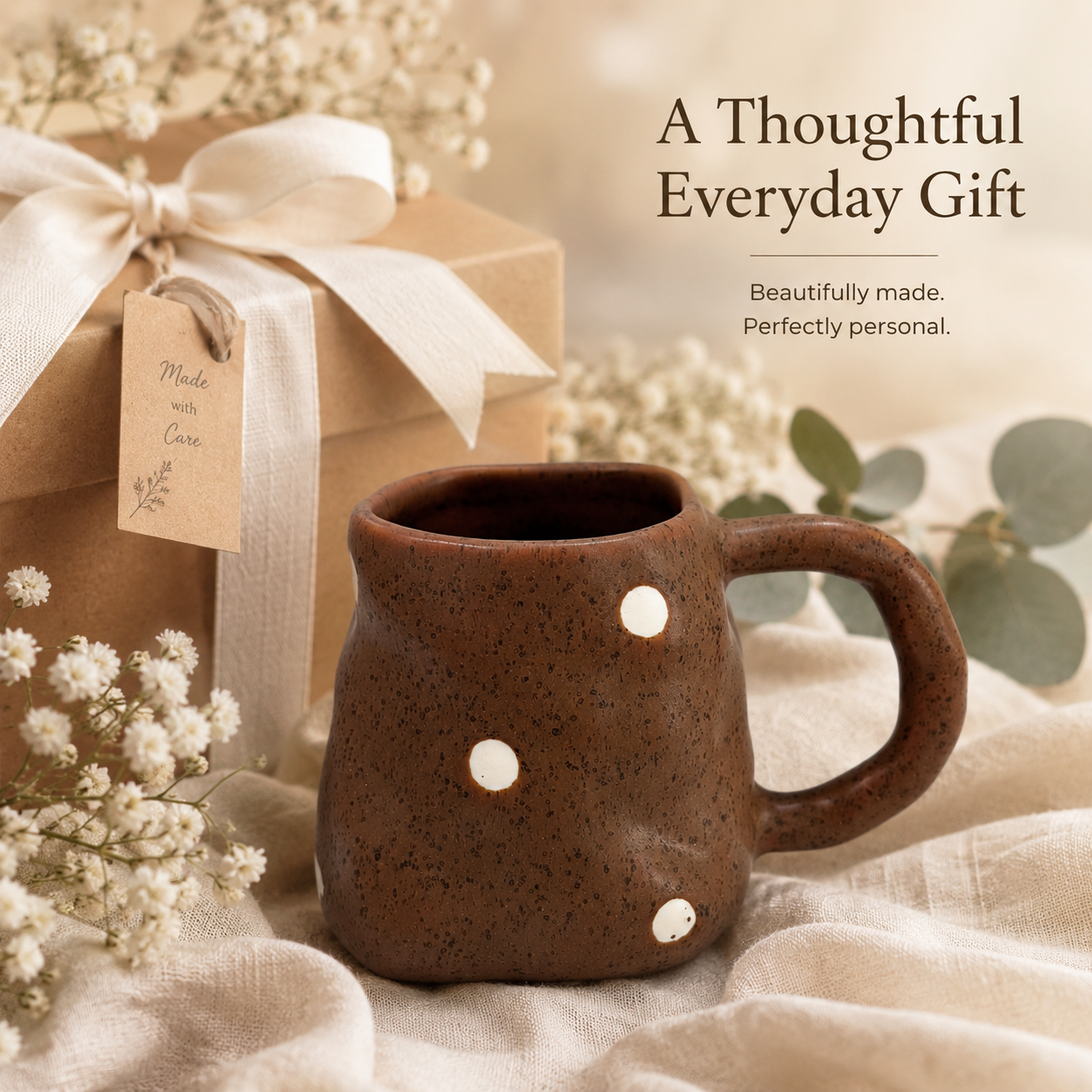 Handmade Brown Polka Dot Ceramic Mug | 10 oz Rustic Coffee Cup