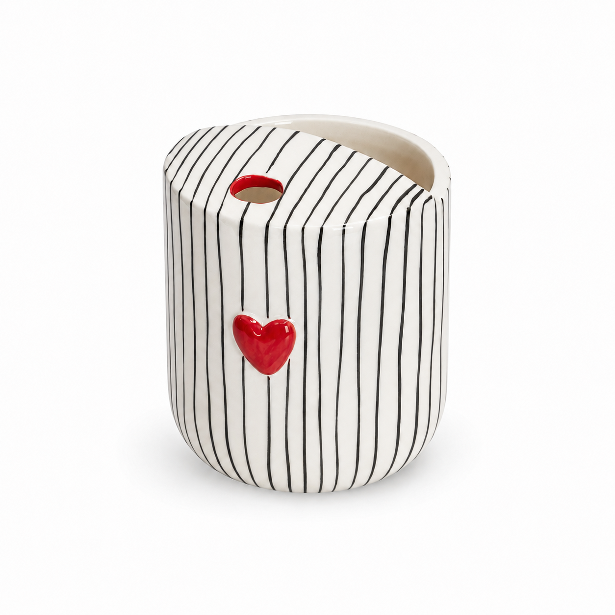 Heart striped ceramic mug with red heart accent and unique top opening