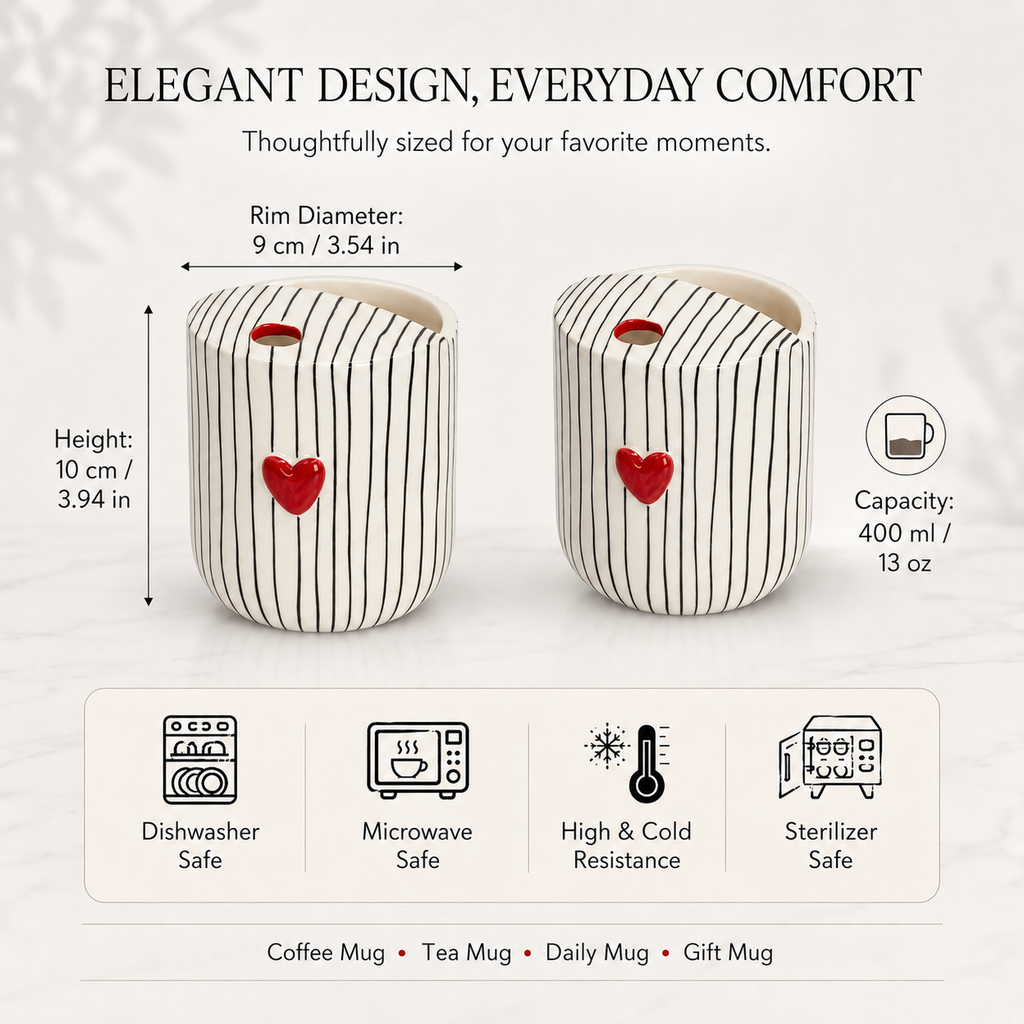 13 oz heart striped ceramic mug with size and capacity details