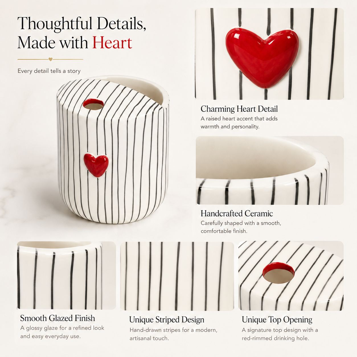 Handmade ceramic mug with black stripes, red heart, and top drinking hole