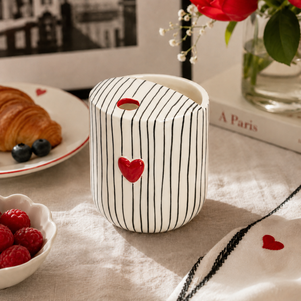 Heart striped ceramic mug styled with croissant and red floral accents