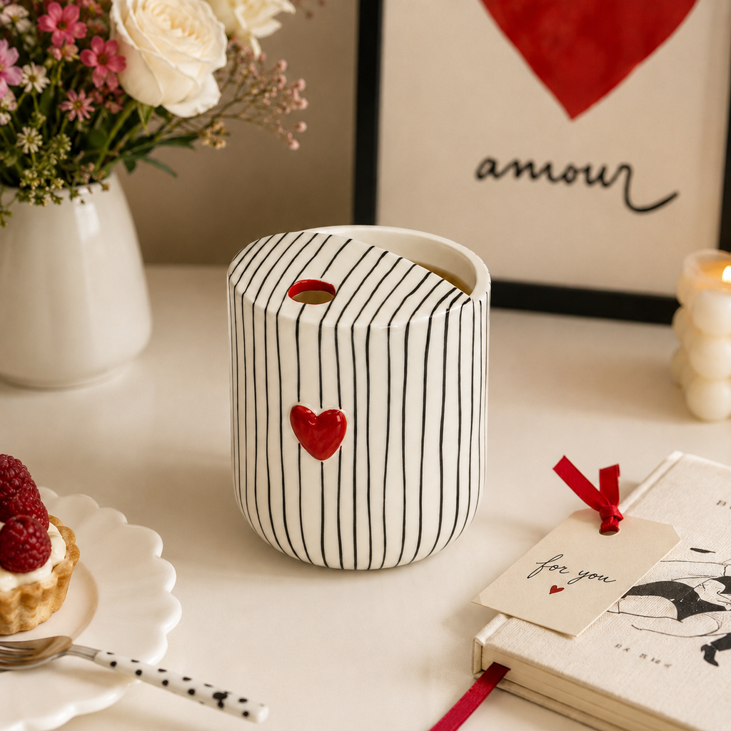 Heart striped ceramic mug in a romantic gift-inspired tabletop setting