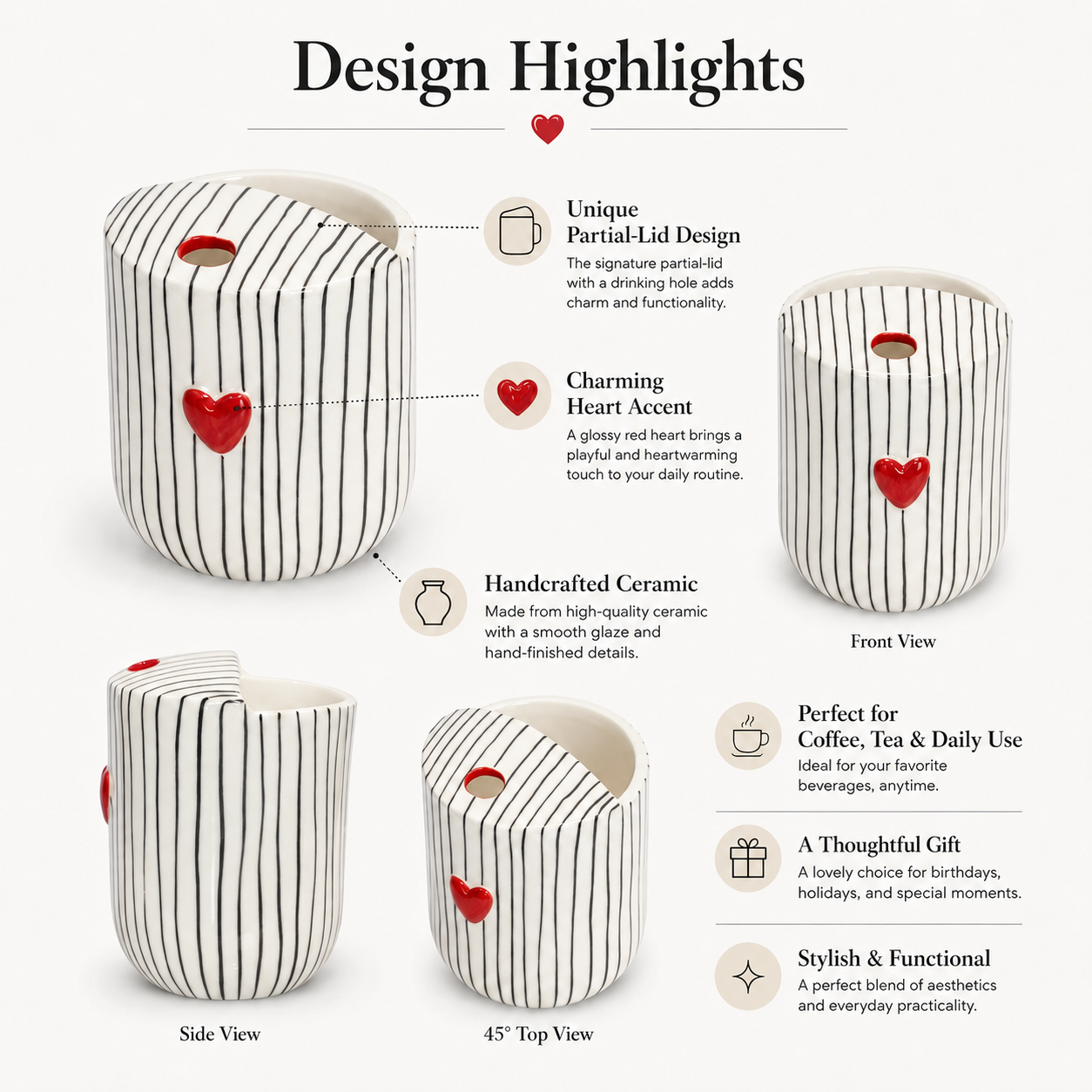 Heart striped ceramic mug shown from front, side, and top angles
