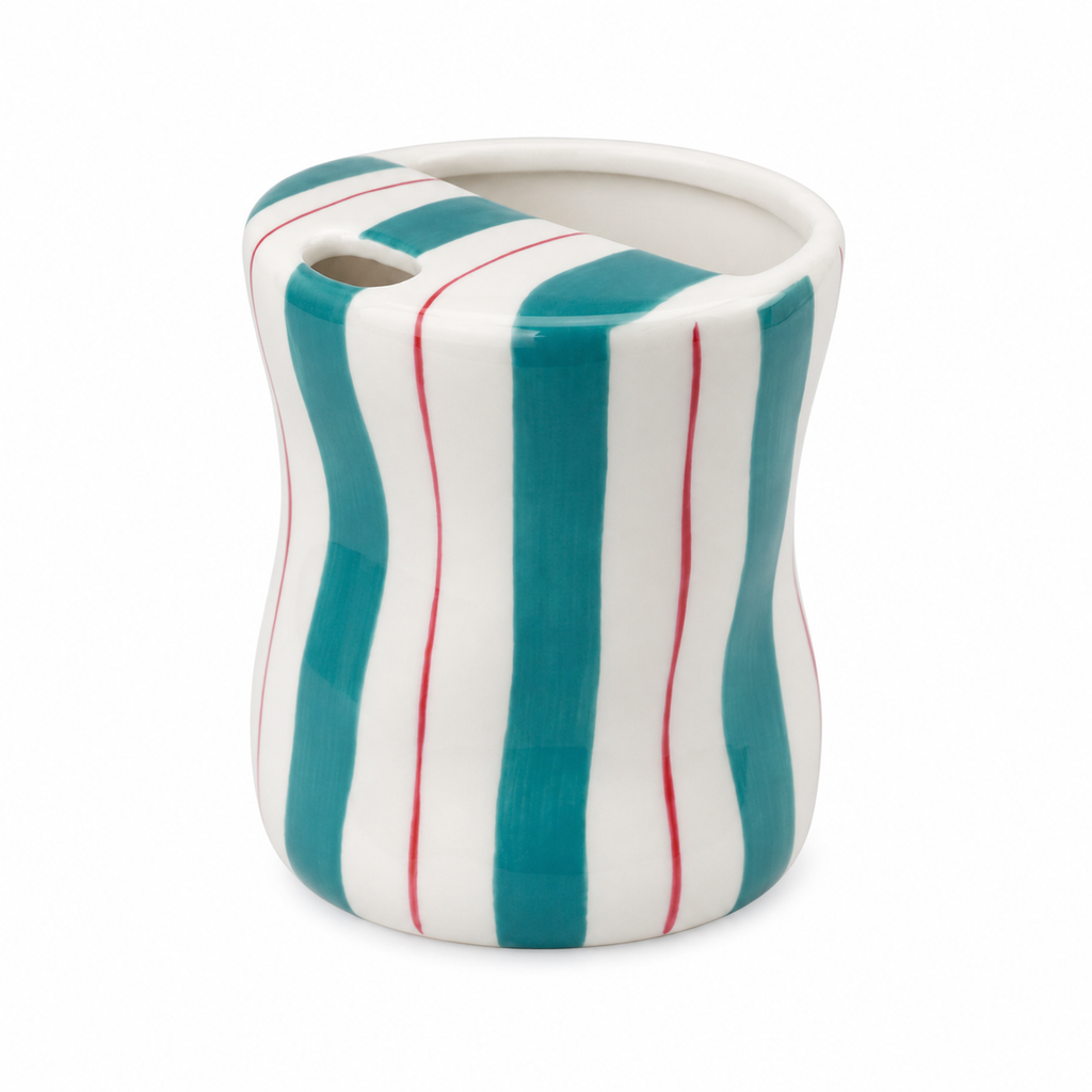 Teal striped ceramic mug with curved body and unique top opening