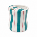 Teal striped ceramic mug with curved body and unique top opening