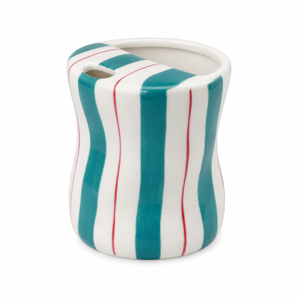 Teal striped ceramic mug with curved body and unique top opening