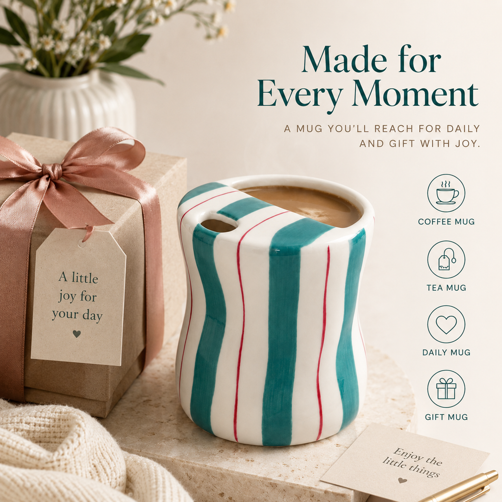 Teal striped ceramic mug with coffee styled beside a gift box