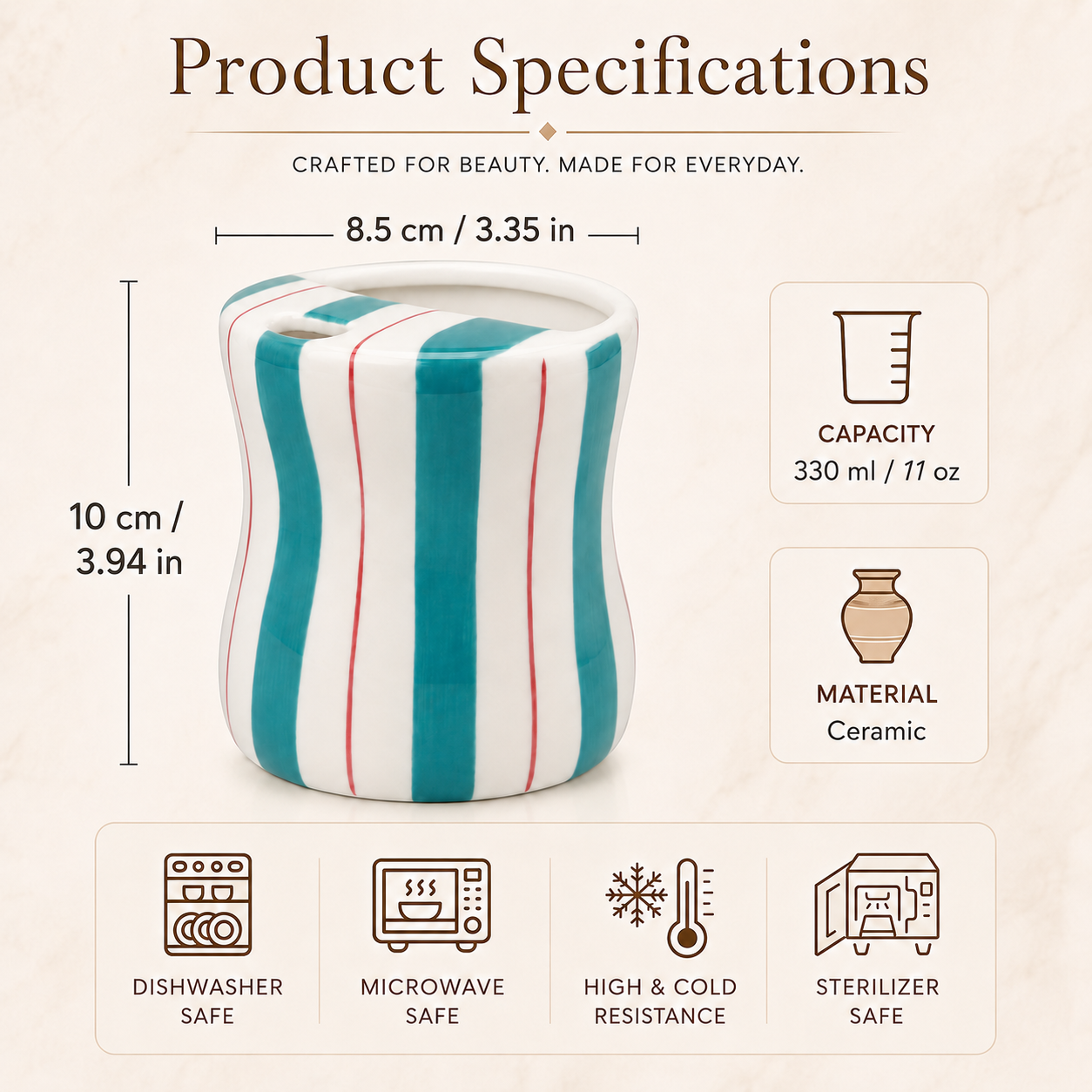 11 oz teal striped ceramic mug with size and capacity details